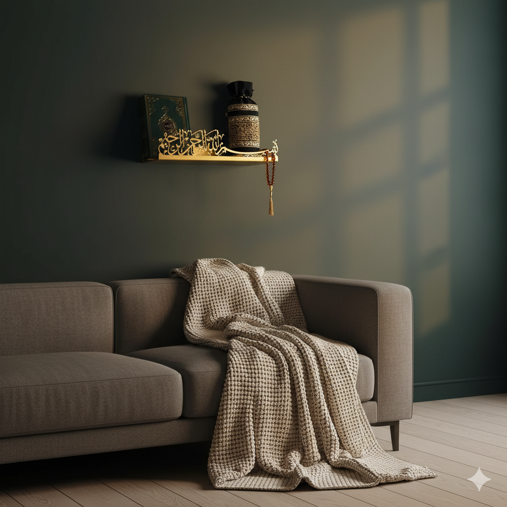 Bismillah Metal Wall Shelf | Quran Holder, Islamic Calligraphy Art & Prayer Room Deco