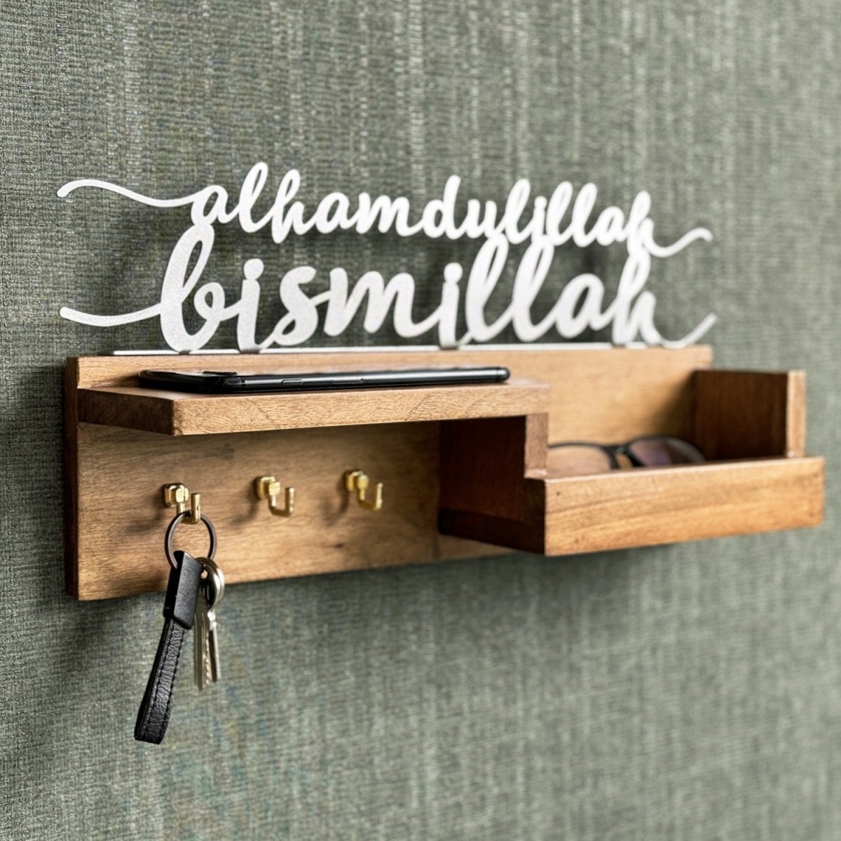 Wooden Key Holder for Wall – Bismillah & Alhamdulillah Arabic Calligraphy
