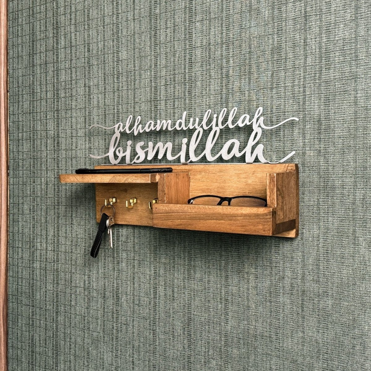 Wooden Key Holder for Wall – Bismillah & Alhamdulillah Arabic Calligraphy