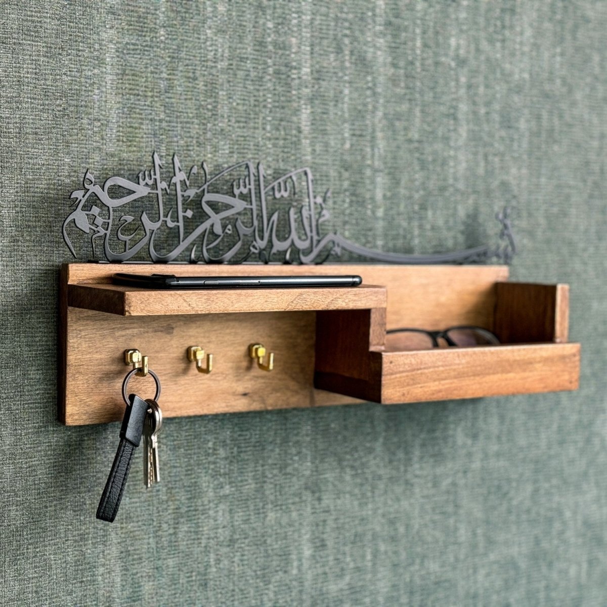 Bismillah Key Holder - Bismillah Arabic Calligraphy, Wooden Home Decor