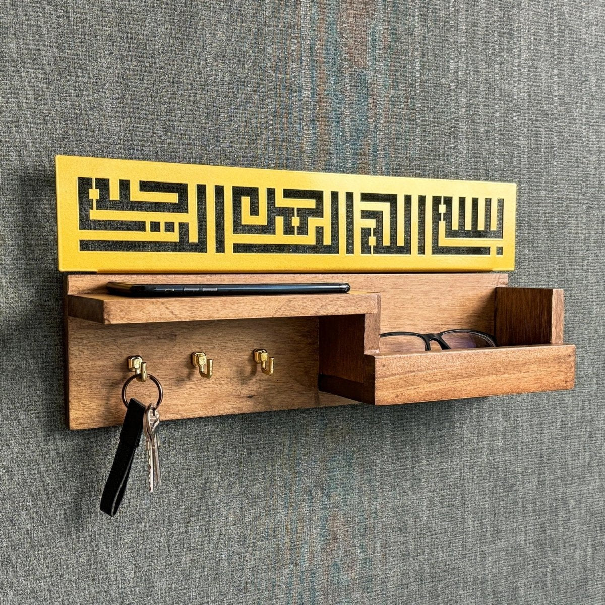 Wooden Bismillah Key Holder – Kufic Calligraphy Wall Decor