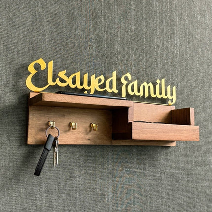 Personalized Wooden Key & Mail Holder — Custom Family Name Wall Sign