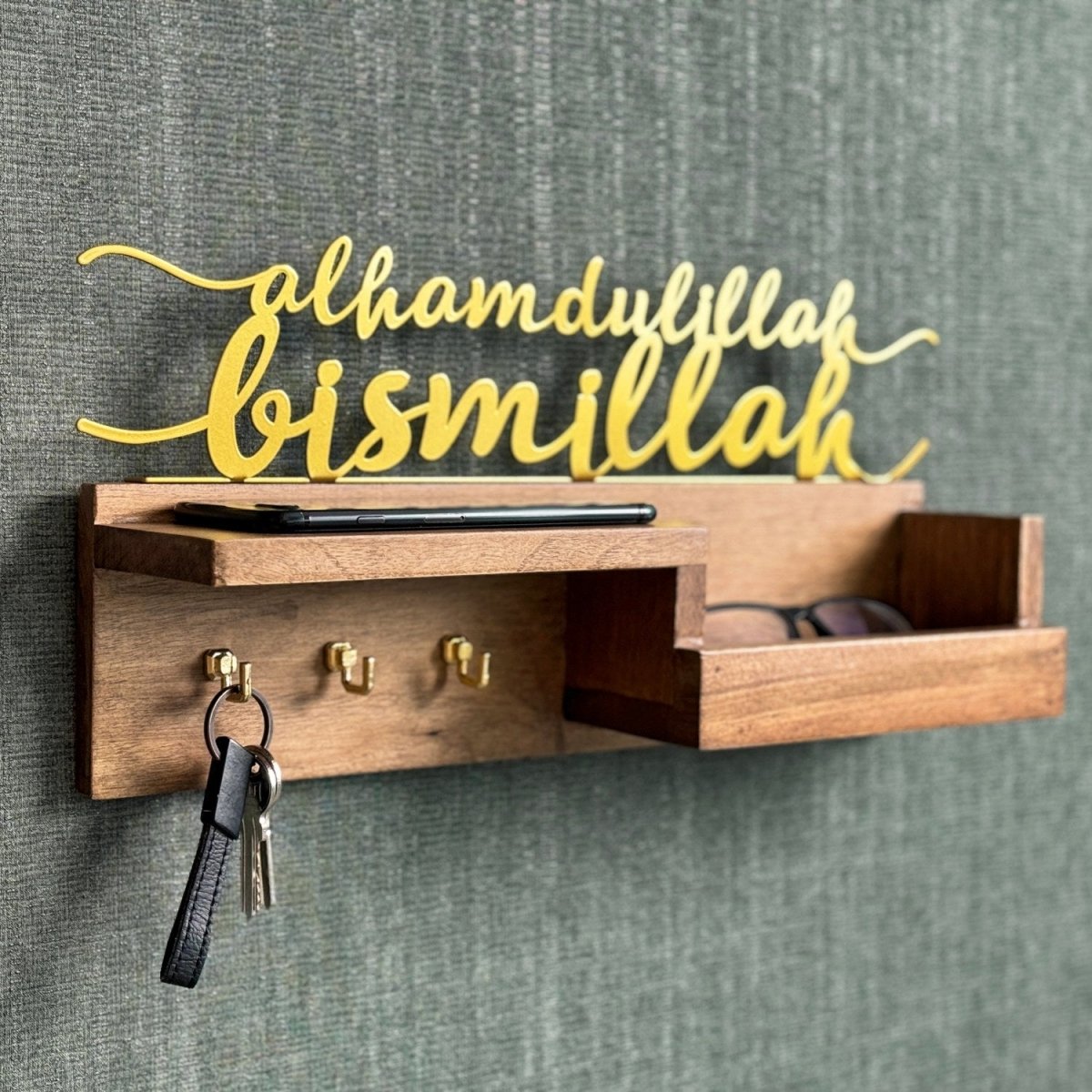 Wooden Key Holder for Wall – Bismillah & Alhamdulillah Arabic Calligraphy