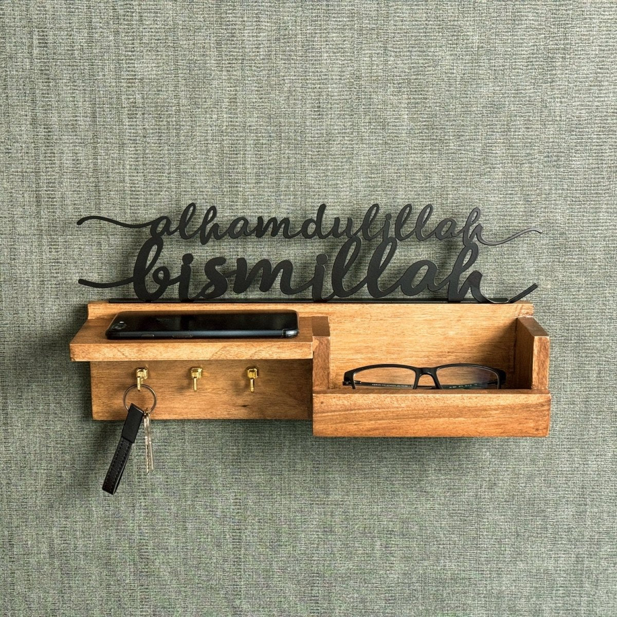Wooden Key Holder for Wall – Bismillah & Alhamdulillah Arabic Calligraphy