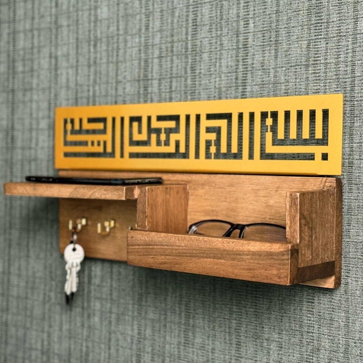 Wooden Bismillah Key Holder – Kufic Calligraphy Wall Decor