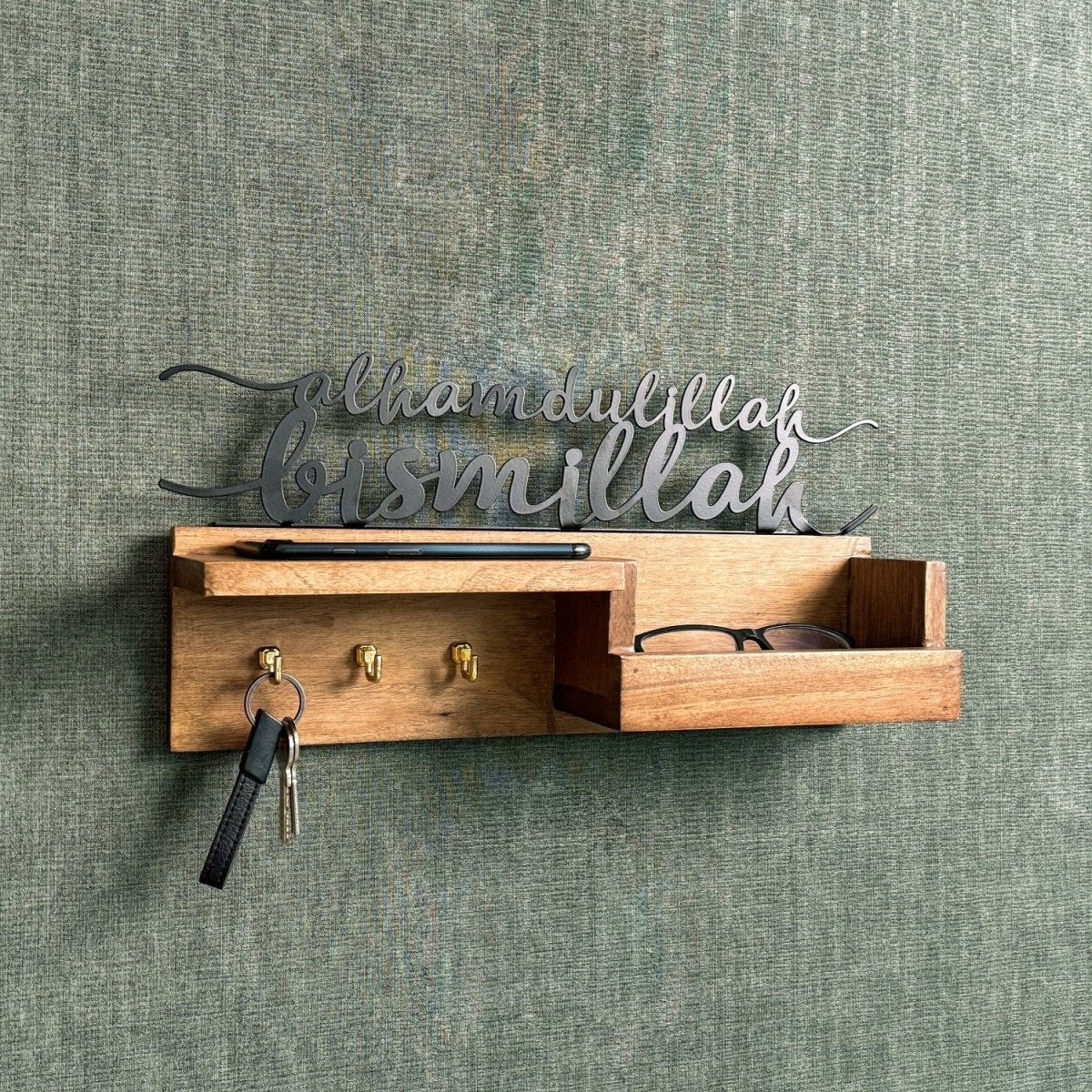 Wooden Key Holder for Wall – Bismillah & Alhamdulillah Arabic Calligraphy