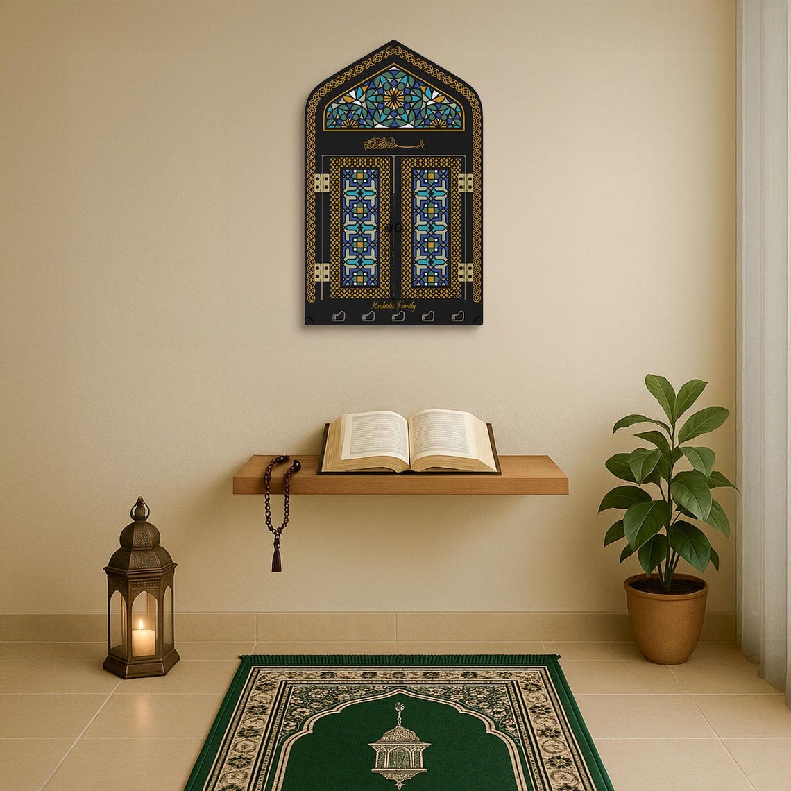Personalized Metal Mihrab Wall Display with Moroccan Art (Quraan holder)