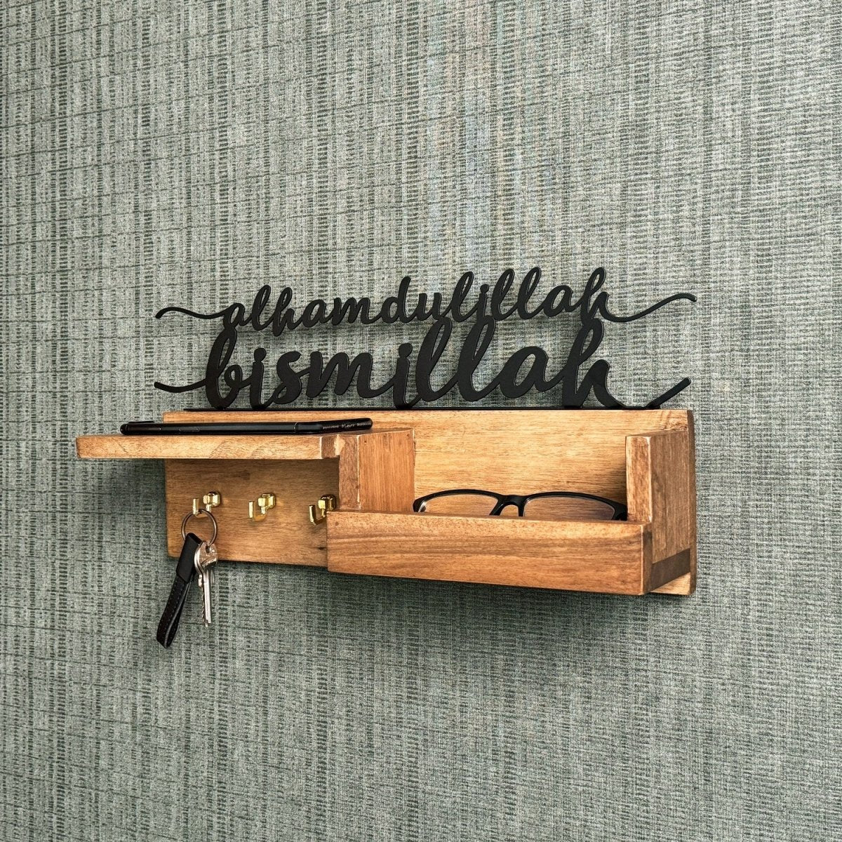 Wooden Key Holder for Wall – Bismillah & Alhamdulillah Arabic Calligraphy