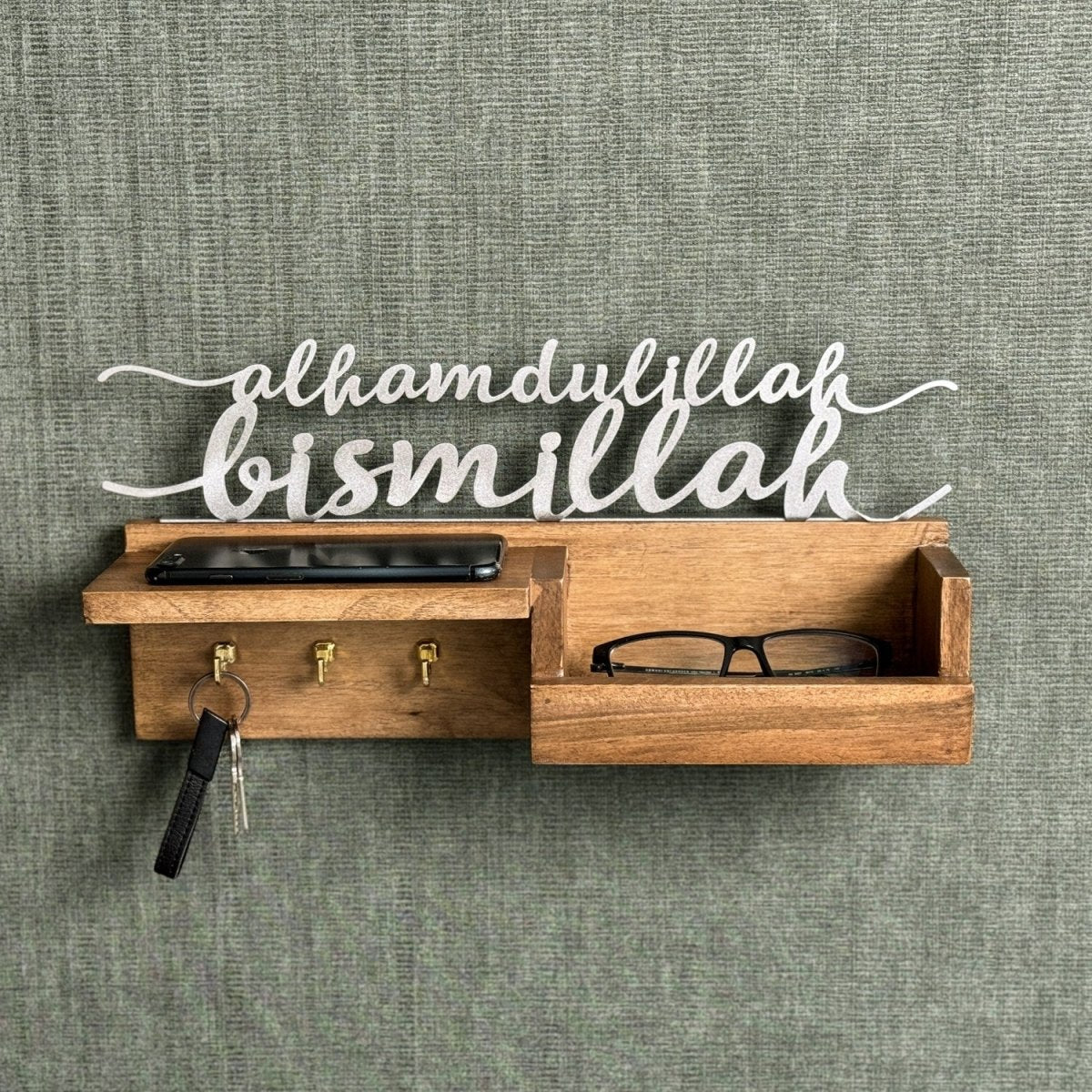 Wooden Key Holder for Wall – Bismillah & Alhamdulillah Arabic Calligraphy