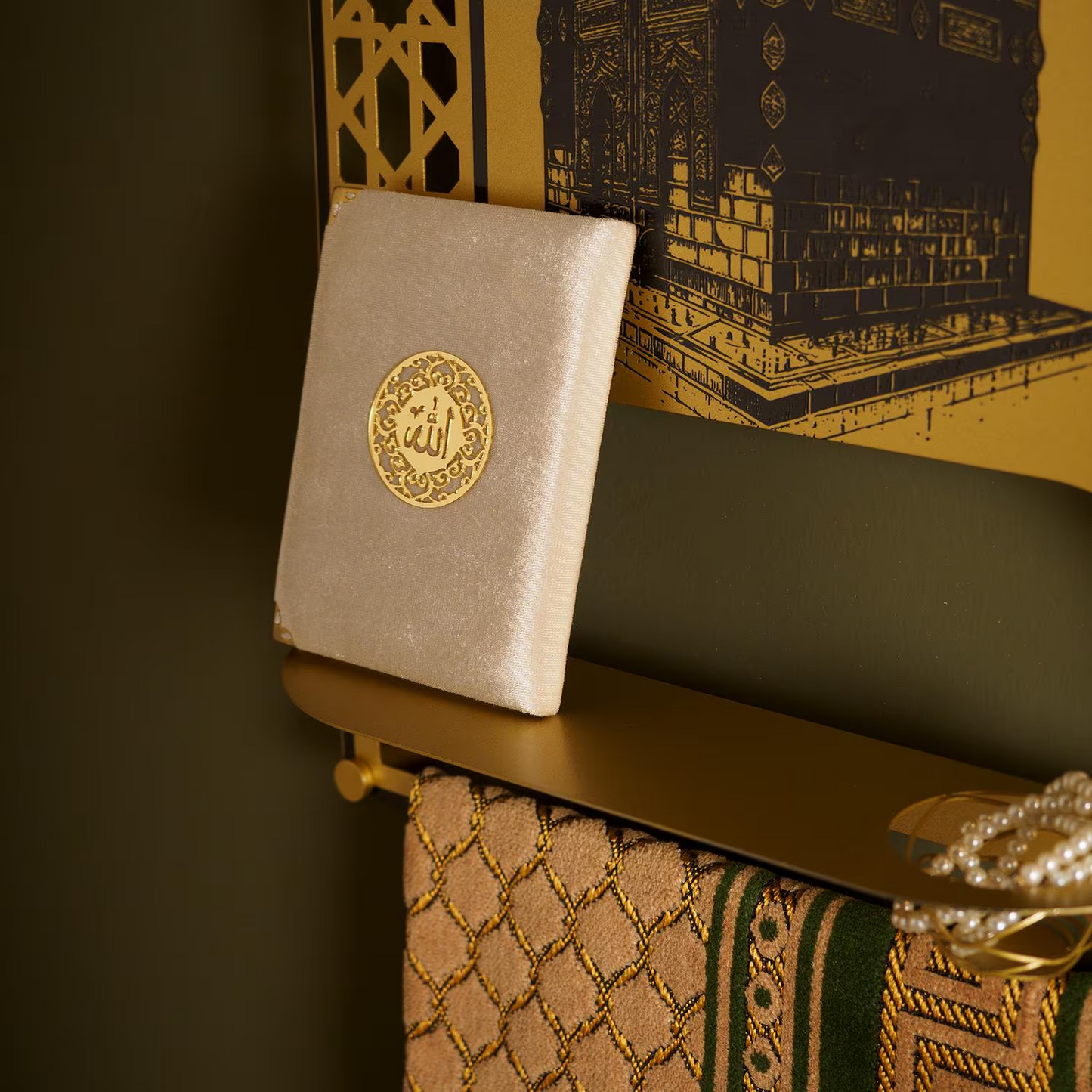 Metal Prayer Rug Holder & Wall Shelf with Kaaba & Salah Dua